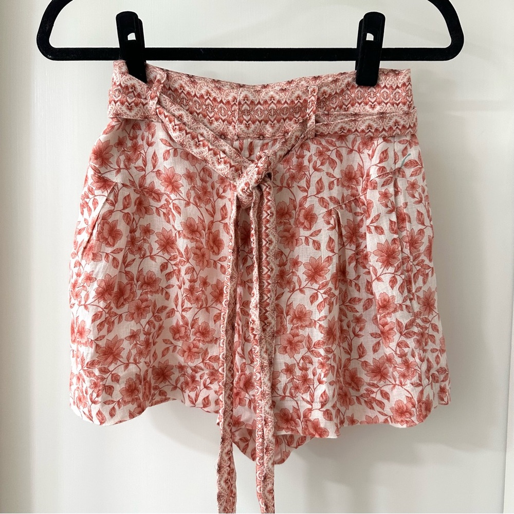 INTERMIX Floral High Waist Linen Shorts, Red and Cream, Size 2